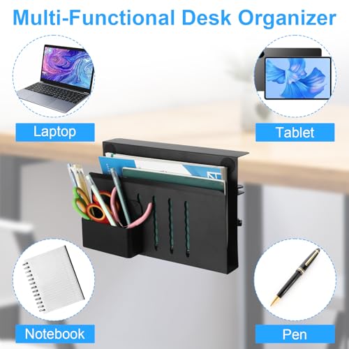 Desk Side Storage, No Drill Laptop Holder with Magnetic Pen Organizer, Clamp On Under Desk Mount for Home Office, Fits Flat Edge Tables 0.3" to 2.8"