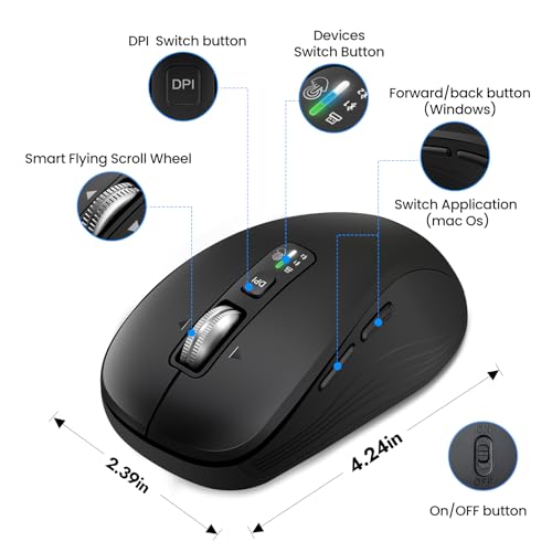 Wireless Bluetooth Mouse, 3-Device Multi-Mode (USB + 2 Bluetooth), 4-Way Metal Scroll Wheel, Adjustable DPI, Silent Click, Long Battery Life, Ergonomic Mouse for Laptop, PC, Mac, iPad (Black, 9) - color: Black