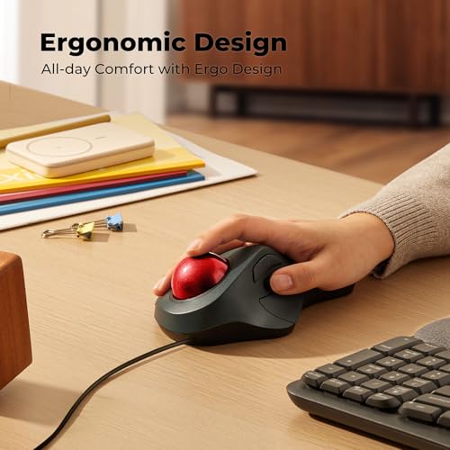 Wired Trackball Mouse for Large Hands, Ergonomic Design Reduces Wrist & Muscle Strain, Precision Tracking with Easy Index Finger Control, Compatible with PC, Laptop, Windows, Mac, Red - color: A-Red