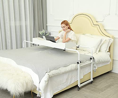UNICOO Adjustable Overbed Table, Over the Bed Table with Wheels, Medical Overbed Table with Wheels Adjustable Height, Rolling Desk for Full/Queen/King Bed, Sturdy Wood & Steel Frame (202-White) - color: White