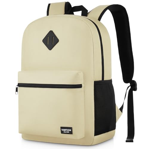 YAMTION School Backpack,Unisex Classic Bookbag Teens Schoolbag with USB Port for High School College Office Work Travel, 15.6 inch, Beige - color: Beige, size: 15.6 inch