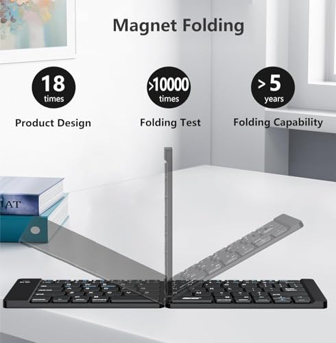 PopBloom Foldable Bluetooth Keyboard - Portable Keyboard, Rechargeable Full Size Ultra Slim Compatible iOS Android Windows Smartphone Tablet and Laptop (Only Keyboard) - color: Elegant Blue-Black Keyboard, No Bag
