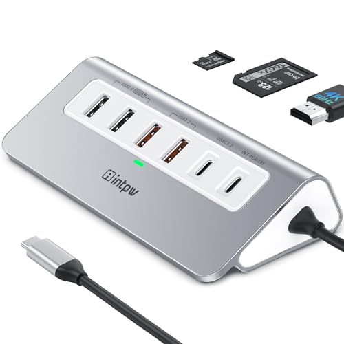 USB C Hub, P9 PRO USB C Hub Multiport Adapter with 4K HDMI, PD 100W, Type-C & 2 USB A 3.2 10Gbps, 2 USB A 2.0, SD/TF Card Reader, Aluminum USB Hub for Laptop, iPhone 17 Series, MacBook, iPad - color: Silver White, size: 1.64ft