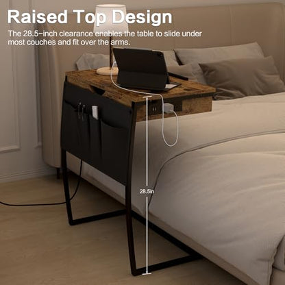 Hadulcet TV Tray Table for Eating on Couch, Tiltable 0-52°, Hidden Storage | Laptop Desk for Couch with Storage & Charging Station, TV Dinner Trays for Small Spaces, C Shaped End Table, Rustic Brown - size: 28.5"