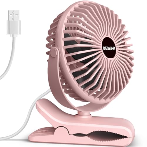 BESKAR Small Clip on Fan, 3 Speeds USB Fans with Strong Airflow, Clip & Desk Fans USB Plug in with Sturdy Clamp - Ultra Quiet operation Fan for Office Dorm Bedroom Stroller - color: Full Pink