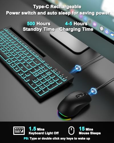 Wireless Keyboard and Mouse Combo, 7 Backlit Effects, Light Up Letters, Rechargeable, Phone Holder, 6 Button Mouse, Ergonomic Tilt Angle, 2.4GHz Silent USB Keyboard Mouse for Laptop, PC - color: Matte Black