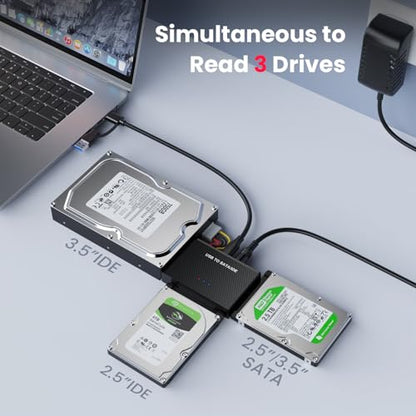 Hard Drive Reader USB 3.0 to SATA IDE Adapter, IDE SATA to USB + Type C External Hard Drive Adapter Data Recovery Converter Kit for Universal 2.5 3.5 HDD SSD Drive Disk, with 12V/2A Power Adapter