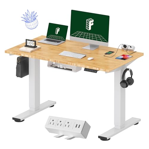 FLEXISPOT EN2 48"x24" Bamboo Electric Standing Desk with Power Strip | Solid Bamboo Desktop, Cable Management, Convenient Clamp Power Strip, And Clean Home Office Setup, White Frame - color: Bamboo Top + White Frame, size: 48x24"