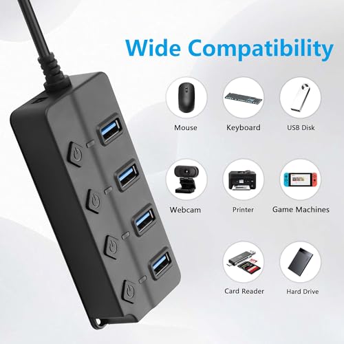 CERRXIAN USB Hub, 4Port USB Hub Splitter with Individual On/Off LED Switches 6.6ft/2m Long Cable, Multi Port Expander, Fast Data Transfer USB Splitter for Laptop, PC,Mobile HDD