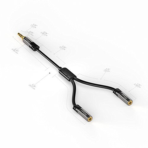 KabelDirekt – Y Adapter & Jack & AUX Splitter – 3.5mm | 1×3.5mm male to 2× female, connect two sets of headphones to a smartphone/tablet/notebook, stereo, 4in, black