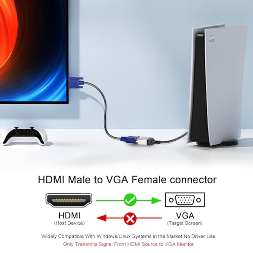 HDMI to VGA Adapter Cable 8 inch Uni-Directional Only,Gold-Plated 1080p@60Hz HDMI Male to VGA Female Braided Cord for PC,Laptop,Monitor,HDTV, Roku, Xbox, PS5 - style: HDMI Male to VGA Female