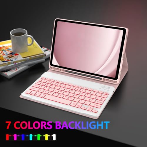 Keyboard Case for Galaxy Tab A9 Plus 5G 11 Inch 2023 (SM-X210/X216/X218), 7 Color Backlit Detachable Tablet Keyboard Cover with S Pen Holder for Samsung Galaxy Tab A9+ 11" (Pink) - color: Pink