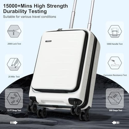 CENSIEN 20 Inch Carry On Luggage 22×14×9 Airline Approved with Front Pocket | Front Opening with Laptop Pocket,Lightweight ABS+PC Hard Shell Suitcases,360° Spinner Wheels,TSA Lock,YKK Zipper,White - color: White, size: 20 Inch
