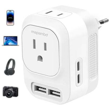 220V to 110V Voltage Converter US to Europe with 2 USB A 2 USB C Fast Charging, Power Converter for European Travel Universal International Travel Adapter for Italy Germany France Spain