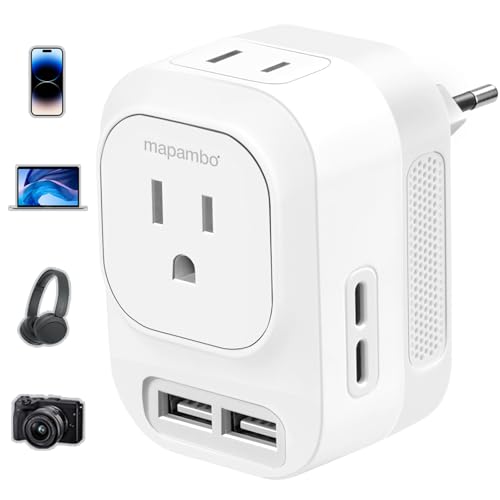 220V to 110V Voltage Converter US to Europe with 2 USB A 2 USB C Fast Charging, Power Converter for European Travel Universal International Travel Adapter for Italy Germany France Spain