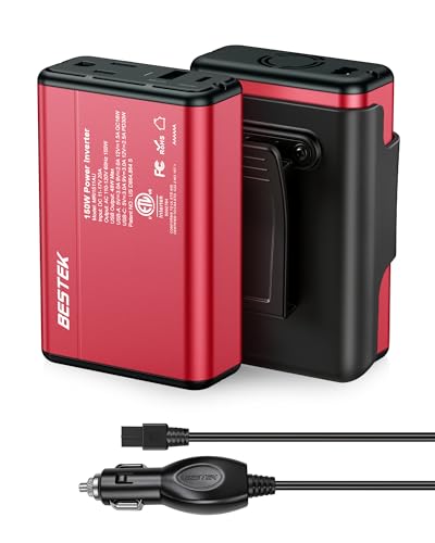 BESTEK 150W Power Inverter 11-17V, 30W USB-C, 18W USB-A Car Charger Adapter | 12V DC to 110V AC Converter, Vehicle Cigarette Lighter Plug Outlet, 10 Layer Protection, ETL Certified, Aluminum Housing-Gray - color: Red