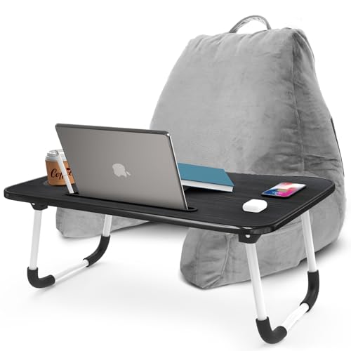 Nestl Reading Pillow with Portable Laptop Lap Desk - Shredded Memory Foam Back Support Pillow for Sitting Up in Bed and Couch Rest Pillows with Arms, Bed Tray Table with Foldable Legs, Light Grey - color: Light Grey, size: Standard