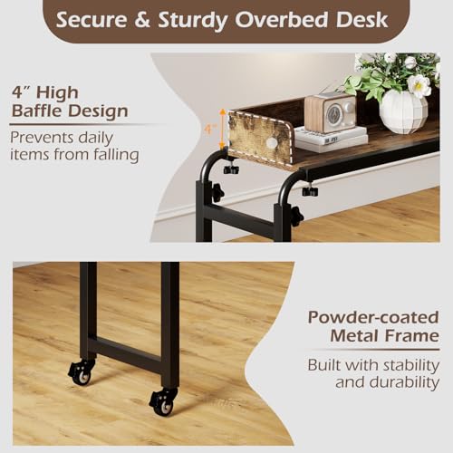Tangkula Overbed Table with Wheels, Queen Size Mobile Bed Desk with Adjustable Height & Length, Rolling Computer Desk with Metal Frame, Laptop Cart for Bedroom, Living Room, Hospital (Rustic Brown)