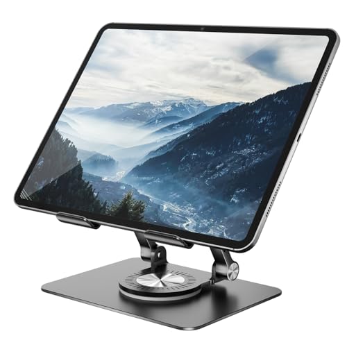 Orlian Tablet Stand Holder with 360° Rotating Base Dual Rod Aluminum Adjustable Tablet Stand for Desk Compatible with iPad Samsung Phone Kindle E-Reader and More, Black - color: Black