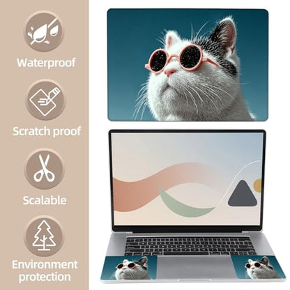 Universal Laptop Skin Sticker for 12/13/14/15.6 Inch Laptops, Reusable Vinyl Laptop Decal Cover, Waterproof Scratch Resistant Notebook Skin with 2 Wrist Pads,Cool Cat with Pink Sunglasses - color: Cool Cat with Pink Sunglasses