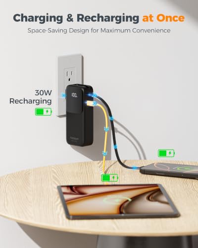 TESSAN Portable Charger Power Bank 10000mAh,3-in-1 Built in 30W USB C Cable | 2 USB C (1 Port & 1 Cable), 1 Foldable AC Wall Plug, Portable Charger, Travel Essentials for iPhone 17/16/15 Series, Samsung