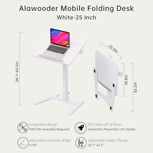 25" Mobile Folding Desk: Pneumatic Sit-Stand, No Assembly | 29-42" Height Adjustable Rolling Laptop Desk, Hidden Wheels, 0-90° Tilt Top. Ideal for Home Office, Craft & Study. - color: White