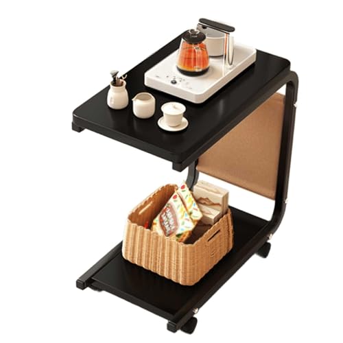 Over Bed Table with Wheels Movable Sofa Side Table with Storage Pockets Space-Saving C-Shaped Side Table with Solid Wood Tabletop for Living Room, Bedroom(Black) - color: Black