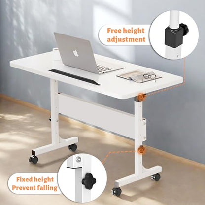 Rolling Desk Adjustable Height,Portable Laptop Desks,Small Standing Desk with Wheels for Home Office - color: White