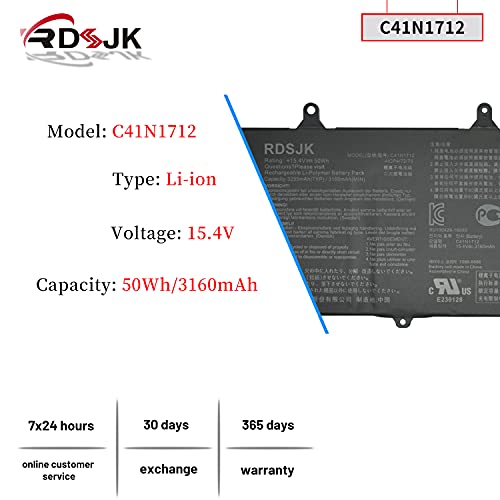 C41N1712 Laptop Battery for Asus ROG Zephyrus GX501 GX501G GX501GI GX501GM GX501GS GX501V GX501VI GX501VS GX501VS-XS71 GX501VSK GX501VIK GX501VI-GZ030T Series 0B200-02380100 0B200-02380200 15.4V 50Wh