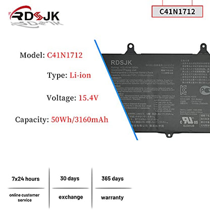 C41N1712 Laptop Battery for Asus ROG Zephyrus GX501 GX501G GX501GI GX501GM GX501GS GX501V GX501VI GX501VS GX501VS-XS71 GX501VSK GX501VIK GX501VI-GZ030T Series 0B200-02380100 0B200-02380200 15.4V 50Wh