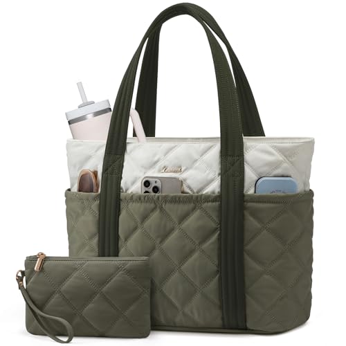 LOVEVOOK Puffer Tote Bag for Women, Puffy Work Handbag with Cup Holder, Travel Carry On Bag with Zipper for Teacher Nurse Gym - color: Light Green-beige-olive Green, size: 15.6 Inch-27L