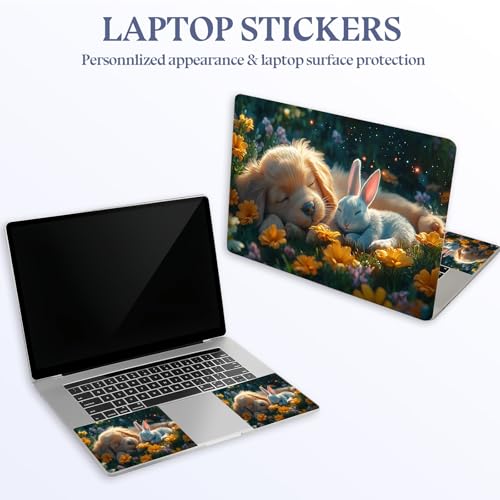 Universal Laptop Skin Sticker Decal,15.6 Inch Laptop Vinyl Cover for 13" 14" 15.6" Laptop,Scratch-Resistant Waterproof Protector Wrap,Reusable with Wrist Pads,Puppy Bunny Flower Nap - color: Puppy Bunny Flower Nap
