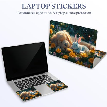 Universal Laptop Skin Sticker Decal,15.6 Inch Laptop Vinyl Cover for 13" 14" 15.6" Laptop,Scratch-Resistant Waterproof Protector Wrap,Reusable with Wrist Pads,Puppy Bunny Flower Nap - color: Puppy Bunny Flower Nap