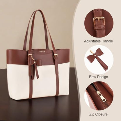 MOSISO Laptop Tote Bag for Women, 15.6 inch PU Leather Large Tote Bag | Large Capacity Work Handbag with Bowknot&Arc-shaped Pocket,Waterproof Computer Bags Work Briefcase for Business Office, Brown