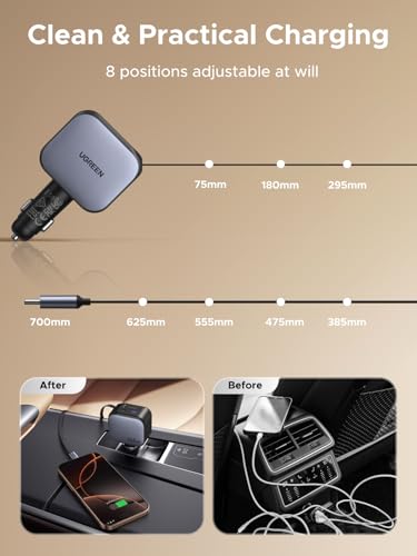UGREEN 145W 4-Port Retractable Car Charger with 60W Retractable Cable | 3 USB-C 1 USB-A, Compatible with iPhone 17 Air 17 Pro 17 Pro Max 16 15 14 13 12, Galaxy S25 S24 S23 Ultra, iPad, MacBook
