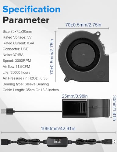 Wathai 75mm x 30mm USB Centrifugal Blower Fan 5V Turbine Cooling Fan | USB Small Blower for DIY Computer Case, Home Theater Receiver, 3D Printers, Electronics Cabinet Cooling - style: 5V USB
