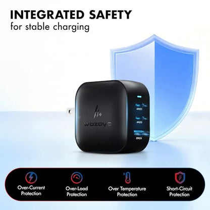 65W GaN Charger, Wozoyo 2XType-C & USB-A Superfast 2.0 Charging, Compatible for iPhone 17/16/16 Pro Max/15 Series/iPad Pro, Smartphones, Tablets and More, PD/PPS/QC 3.0,Compact Foldable Plug