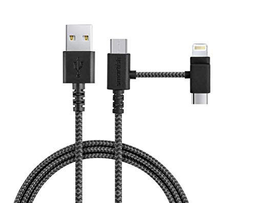 Smartish USB-C/Lightning Cable 17/16/16e/15/14 - Crown Joule - 6Foot Universal Fast Fabric Wrapped Charging Cable w/Micro-USB - MFi Certified 13/12/SE/iPad/AirPods/Android - Black - color: No. 2 Pencil Gray, size: USB to USB-C/Lightning/Micro