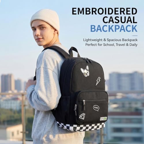 mygreen Embroidered Patch Backpack,15.6 Inch Water Resistant School Daypack | Y2K street embroidery patches,24L lightweight 1.2lb pack,breathable padded straps,fits teen school travel,waterproof Black - color: Black Patch
