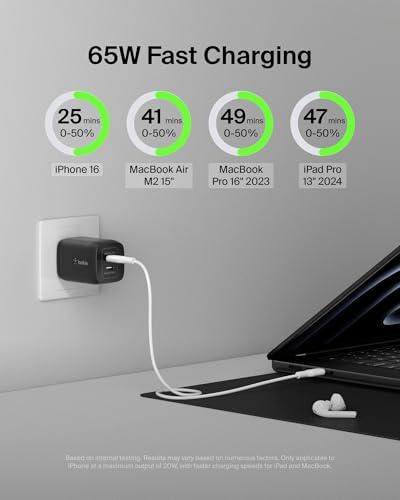 Belkin 65W Dual GaN USB C Charger Block, Fast Charging for Travel | PD 3.0 Fast Charging, Samsung Galaxy S26, iPhone 17, Air, Pro, Pro Max, iPad, MacBook, AirPods - style: 65W Black