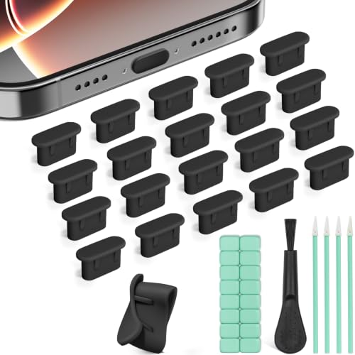 20 Pcs Silicone USB C Dust Plugs Cover with Cleaning Brush, Sticks & Mud, Type C Charging Port Cleaning Set Helps Block Dust and Debris, for iPhone 17/16/15,Samsung,Kindle,OnePlus,USB C-Port Devices - color: Black 20