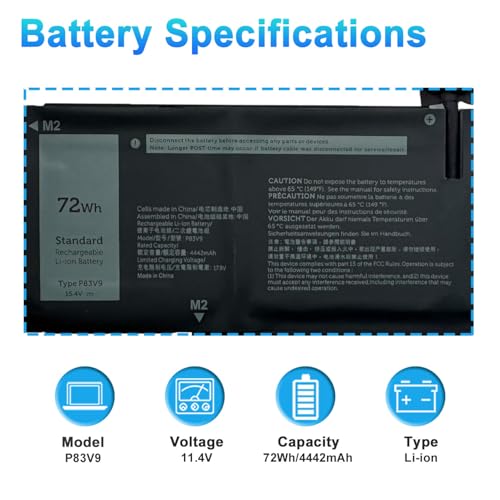 74Wh P83V9 Laptop Battery Replacement for Dell Precision 5470 5480 5490 Series Notebook P154G P154G001 P154G002 CDTT2 15.4V 4442mAh 4-Cell - size: 12.68*4.41*0.36inch P83V9