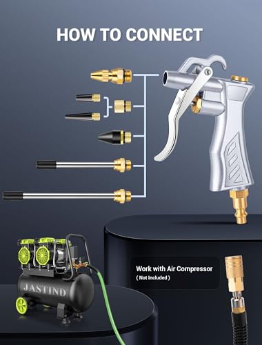 Industrial Air Blow Gun with Brass Adjustable Air Flow Nozzle Kit | Extra 2 Steel & Copper Air Extension, Brass 1/4" Standard Quick Connector, Air Compressor Accessory Tool for Dust Cleaning