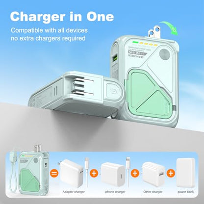 SEANCHEER P05 Portable Charger, Magnetic Power Bank, Small PowerBank, Battery Pack10000mAh Travel Essentials Fast Charging with Built in Cable, Foldable Wall Plug for iPhone,Samsung,Andriod (Green) - color: Green