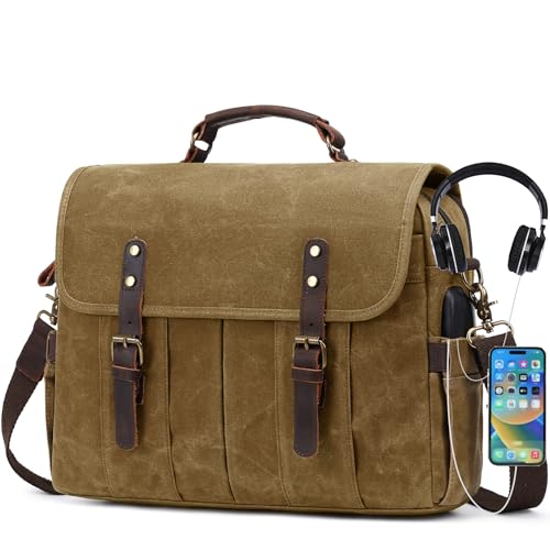 NerIion Messenger Bag for Men 15.6 Inch Vintage Canvas Genuine Leather Briefcase for Men Laptop Bag Satchel Shoulder Bag - color: Khaki