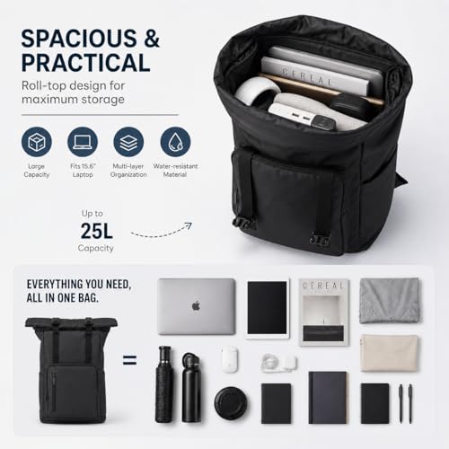 Roll Top Laptop Backpacks for Men & Women, Anti-Theft Travel Backpack Fits 15.6-17.3 Inch Laptop, Water-Resistant Durable Computer Bag for Work, College & Daily Commute (Black) - color: Black