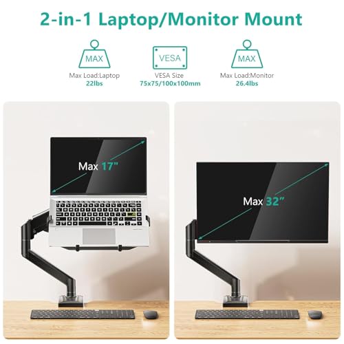 WALI Single Arm Laptop and Monitor Desk Mount for 17" Notebook and Up to 32" Screen, 2-in-1 Adjustable Gas Spring Monitor Arm with Laptop Tray, VESA 75x75 100x100,Holds 22-26.4 lbs, Black (GSMP001NLP) - size: Single, style: Fully Adjustable Desk Mount