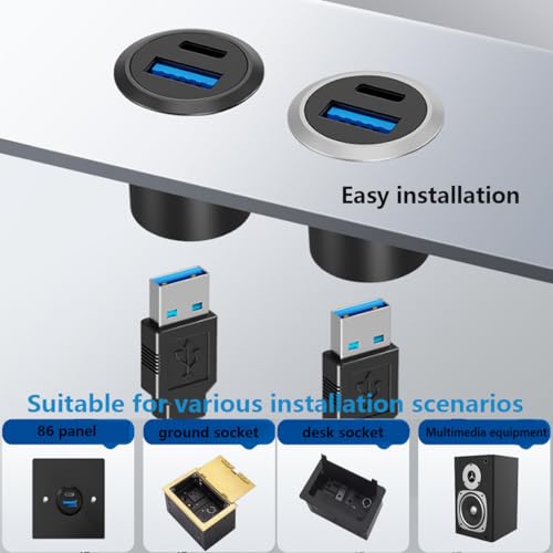 PENGLIN 2PCS Dual USB-C 3.1 & USB 3.0 Female to Female Bulkhead Socket | 10Gbps High Speed Data Transfer, 5V/1A Fast Charging, Panel Mount Thread Adapter, With Waterproof Cap - color: Silver&Black, size: 2PCS
