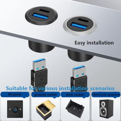 PENGLIN 2PCS Dual USB-C 3.1 & USB 3.0 Female to Female Bulkhead Socket | 10Gbps High Speed Data Transfer, 5V/1A Fast Charging, Panel Mount Thread Adapter, With Waterproof Cap - color: Silver&Black, size: 2PCS