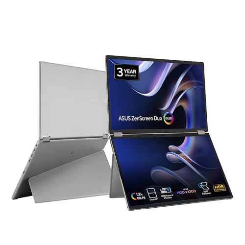 ASUS ZenScreen Duo OLED 360° Foldable Portable Monitor (MQ149CD) - Dual 14-inch, 16:10, 1920x1200, DisplayHDR400 True Black, 100% DCI-P3, Delta<2, Dual USB-C, Mini-HDMI, Kickstand, 3 yr Warranty - style: 14" Duo OLED Fodable USB-C